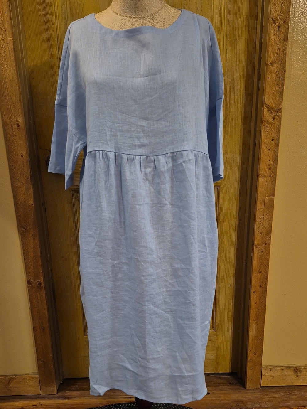 Lintco Short Sleeve Large Dress Pockets Light Blue Linen Boxy Oversized Style
